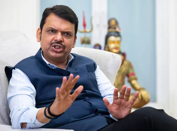 stock image MUMBAI, INDIA  JUNE 29: Maharashtra Deputy CM Devendra Fadnavis interacts during his interview with Hindustan Times, at Sagar Bunglow, on June 29, 2023 in Mumbai, India.