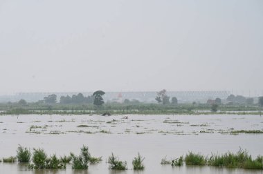 NoIDA, Hindistan - 12 Temmuz: su Yamuna su seviyesi yüksekliğinden sonra Chhaprauli Bangar köy sektörü 168 girer. Yamuna Nehri 'nin su seviyesi son birkaç gündür sürekli yağış nedeniyle tehlike işaretini geçti. Merkez Su 'ya göre Commi