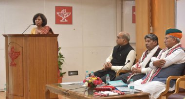 NEW DELHI, INDIA - JULY 18:  Eminent English Writer and Scholar K. Srilata specks along with Secretary, Sahitya Akademi K. Sreenivasarao, Sahitya Akademi President Madhav Kaushik, Union Minister of Law and State for Culture, Arjun Ram Meghwal, during clipart