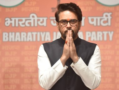 NEW DELHI, INDIA  JULY 22: Minister for Information and Broadcasting Anurag Thakur addressing a press conference at BJP HQ at DDU Marg, referred to some cases of crime against women registered in Rajasthan, Bihar and West Bengal clipart