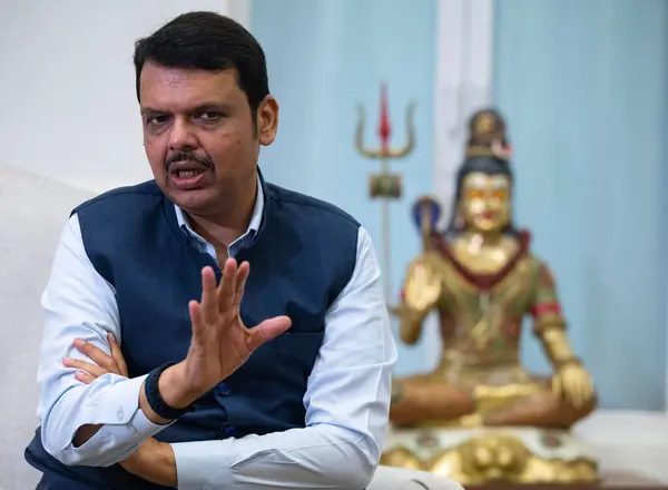 stock image MUMBAI, INDIA  JUNE 29: Maharashtra Deputy CM Devendra Fadnavis interacts during his interview with Hindustan Times, at Sagar Bunglow, on June 29, 2023 in Mumbai, India.