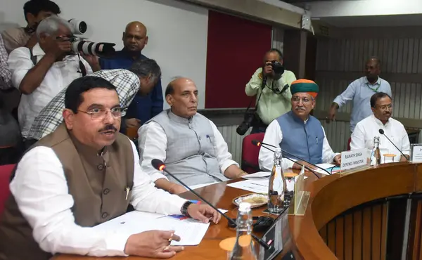 stock image NEW DELHI, INDIA - JULY 19: Defence Minister Rajnath Singh with Union Minister Arjun Ram Meghwal, Union Minister for Parliamentary Affairs Pralhad Joshi, and other leaders during an all-party meeting on the eve of the Monsoon Session of Parliament, o