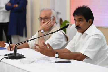 General Secretary (Org) KC Venugopal, and General Secretary (Comms), AICC, Jairam Ramesh, Congress party briefing after meeting of General Secretaries Incharges and PCC Presidents at AICC HQ on August 13, 2024 in New Delhi, India.  clipart