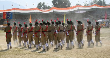 SRINAGAR, INDIA - AUGUST 13: Members of National Cadet Corps (NCC) participate in a full dress rehearsal ahead of independence day parade at Bakshi Stadium on August 13, 2024 in Srinagar, India. ( Photo by Waseem Andrabi/Hindustan Times) clipart