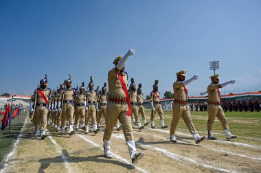 SRINAGAR, INDIA - AUGUST 13: Jammu Kashmir Police participate in a full dress rehearsal ahead of independence day parade at Bakshi Stadium on August 13, 2024 in Srinagar, India. ( Photo by Waseem Andrabi/Hindustan Times) clipart