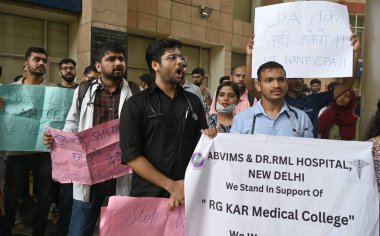 NEW DELHI, INDIA - AUGUST 14: RML hospital doctors and staff members site dharna for their demanding CPA, at RML Hospiatl on August 14, 2024 in New Delhi, India.  clipart