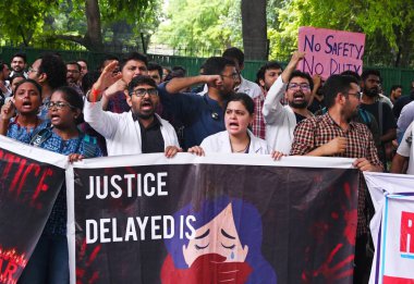 Doctors stage a protest in front of Nirman Bhawan against the brutal rape and murder of a postgraduate trainee doctor at Kolkatas RG Kar Hospital, on August 19, 2024 in New Delhi, India. (Photo by Vipin Kumar/Hindustan Times clipart