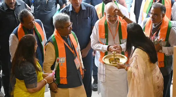 stock image Union Minister and BJP National President JP Nadda along with party leaders arrive during BJP National Office Bearers and State Presidents Meeting at BJP HQ Extn on August 17 2024 in New Delhi India