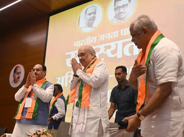 stock image Union Home Minister Amit Shah Union Minister and BJP National President JP Nadda and party National General Secretaries Vinod Tawde and B L Santhosh during BJP National Office Bearers and State Presidents Meeting at BJP HQ Extn on August 17