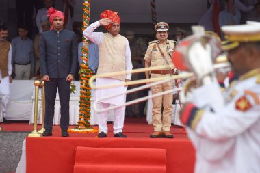 PWD ve Kamu Sağlığı ve Mühendislik Bakanı Dr. Banwari Lal, 15 Ağustos 2024 'te Hindistan' ın Gurugram kentinde, Rajiv chowk yakınlarındaki Tau Devi Lal Stadyumu 'nda düzenlenen 78. Bağımsızlık Günü kutlamalarında halka seslendi..