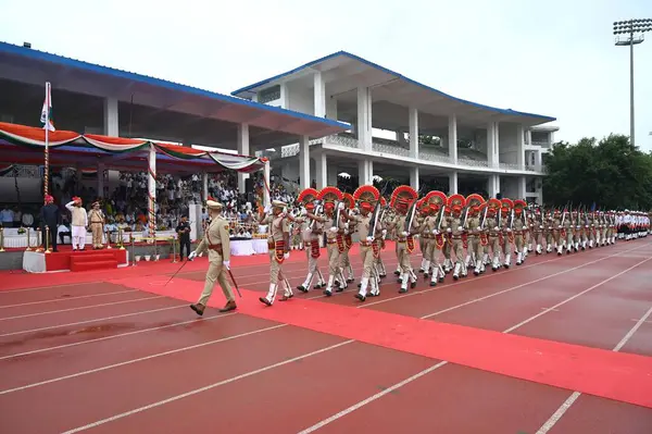 stock image Gurugram Police, Traffic Police, Woman Police, NCC and Prajatantra Phari battalions march past in parade during 78th Independence Day celebrations at Tau Devi Lal Stadium in sector-38 near Rajiv chowk, on August 15, 2024 in Gurugram, India. The theme