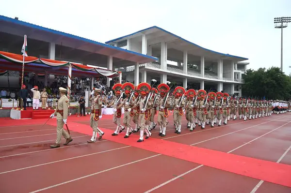 stock image Gurugram Police, Traffic Police, Woman Police, NCC and Prajatantra Phari battalions march past in parade during 78th Independence Day celebrations at Tau Devi Lal Stadium in sector-38 near Rajiv chowk, on August 15, 2024 in Gurugram, India. The theme