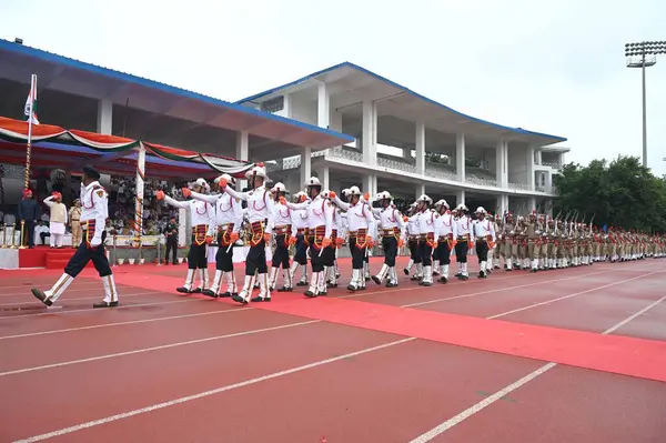 stock image Gurugram Police, Traffic Police, Woman Police, NCC and Prajatantra Phari battalions march past in parade during 78th Independence Day celebrations at Tau Devi Lal Stadium in sector-38 near Rajiv chowk, on August 15, 2024 in Gurugram, India. The theme