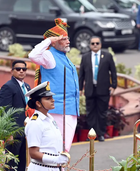 stock image Prime Minister Narendra Modi receives a Guard of Honor on 78th Independence Day at the Red Fort, on August 15, 2024 in New Delhi, India. 