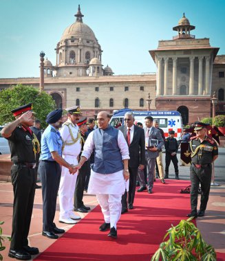 NEW DELHI, INDIA - AUGUST 20: Defense Minister of India, Rajnath Singh arrives to receive Japanese Minister of Defense, Minoru Kihara at South block lawns on August 20, 2024 in New Delhi, India. (Photo by Sanchit Khanna/Hindustan Times) clipart