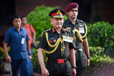 NEW DELHI, INDIA - AUGUST 20: General Upendra Dwivedi, Chief of Indian Army arrives to receive Japanese Minister of Defense Minoru Kihara at South block lawns on August 20, 2024 in New Delhi, India. (Photo by Sanchit Khanna/Hindustan Times) clipart