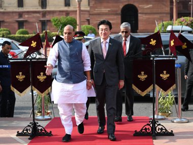 NEW DELHI, INDIA - AUGUST 20: Japanese Minister of Defense, Minoru Kihara seen along Defense Minister of India, Rajnath Singh at South block lawns on August 20, 2024 in New Delhi, India. (Photo by Sanchit Khanna/Hindustan Times) clipart