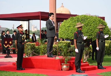  Japon Savunma Bakanı Minoru Kihara, Hindistan Savunma Bakanı Rajnath Singh 'in 20 Ağustos 2024 tarihinde Yeni Delhi Hindistan' da Güney bloğu çimlerinde bir onur kıtası aldı. Fotoğraf: Sanchit Khanna / Hindustan Times 