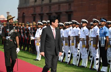  Japon Savunma Bakanı Minoru Kihara, Hindistan Savunma Bakanı Rajnath Singh 'in 20 Ağustos 2024 tarihinde Yeni Delhi Hindistan' da Güney bloğu çimlerinde bir onur kıtası aldı. Fotoğraf: Sanchit Khanna / Hindustan Times 