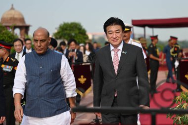  Japanese Minister of Defense Minoru Kihara seen along Defense Minister of India Rajnath Singh at South block lawns on August 20 2024 in New Delhi India.  Photo by Sanchit Khanna/Hindustan Times  clipart