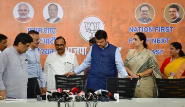 MUMBAI, INDIA - JUNE 5: Maharashtra Deputy CM Devendra Fadnavis along with BJP leaders addressing the media at BJP office on June 5 ,2024 in Mumbai, India. BJP leader Devendra Fadnavis offered to resign as Maharashtra Deputy Chief Minister  clipart