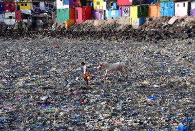 MUMBAI INDIA - 5 Haziran 2024 'te Hindistan' ın Mumbai kentinde, Dünya Çevre Günü Colaba 'da, Badhwar Park yakınlarında, tonlarca plastik atık arasında yürüyen bir adam.. 