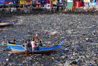 MUMBAI INDIA - 5 Haziran 2024 'te Mumbai Hindistan' da, Dünya Çevre Günü Colaba 'da, Badhwar Park yakınlarında tonlarca plastik atık arasında bir adam bir atla yürüyor. (Fotoğraf: Bhushan Koyande / Hindustan Times)