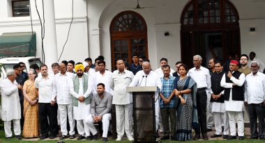 NEW DELHI INDIA - JUNE 1: Congress President Mallikarjun Kharge the party leaders Sonia Gandhi and Rahul Gandhi Delhi Chief Minister and AAP chief Arvind Kejriwal Punjab Chief Minister Bhagwant Mann JMM leader Kalpana Soren Samajwadi party leader Akh clipart