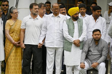 NEW DELHI INDIA - JUNE 1 Congress party leaders Sonia Gandhi and Rahul Gandhi Punjab Chief Minister Bhagwant Mann NCP President Sharad Pawar RJD leader Tejashwi Yadav CPI(M) Sitaram Yechury and others after INDIA bloc leaders meeting at Kharge clipart