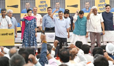 NEW DELHI  INDIA - JUNE 2  2024  Delhi CM Arvind Kejriwal addresses party workers at the AAP Party HQ before leaving for Tihar Jail. He will surrender at Tihar Jail later today  on June 2  2024 in New Delhi  India. Delhi chief minister Arvind Kejriwa clipart