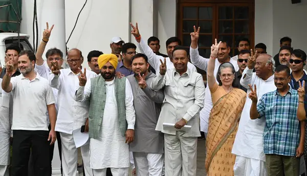 stock image New Delhi India - June 1 2024: Congress President Mallikarjun Kharge the party leaders Sonia Gandhi and Rahul Gandhi Delhi Chief Minister and AAP chief Arvind Kejriwal Punjab Chief Minister Bhagwant Mann NCP President Sharad Pawar DMK leader TR Baalu