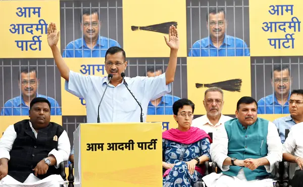 stock image NEW DELHI  INDIA - JUNE 2  2024  Delhi CM Arvind Kejriwal addresses party workers at the AAP Party HQ before leaving for Tihar Jail. He will surrender at Tihar Jail later today  on June 2  2024 in New Delhi  India. Delhi chief minister Arvind Kejriwa