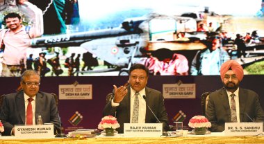 NEW DELHI  INDIA - JUNE 3  2024  Chief Election Commissioner Rajiv Kumar with Election Commissioners Dr. S.S. Sandhu  Gyanesh Kumar and others during a press conference on General Elections 2024  on June 3  2024 in New Delhi  India. A day before the  clipart