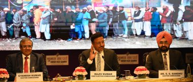 NEW DELHI  INDIA - JUNE 3  2024  Chief Election Commissioner Rajiv Kumar with Election Commissioners Dr. S.S. Sandhu  Gyanesh Kumar and others during a press conference on General Elections 2024  on June 3  2024 in New Delhi  India. A day before the  clipart