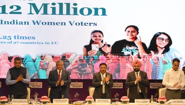 NEW DELHI  INDIA - JUNE 3  2024  Chief Election Commissioner Rajiv Kumar with Election Commissioners Dr. S.S. Sandhu  Gyanesh Kumar and others during a press conference on General Elections 2024  on June 3  2024 in New Delhi  India. A day before the  clipart