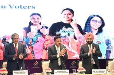 NEW DELHI  INDIA - JUNE 3  2024  Chief Election Commissioner Rajiv Kumar with Election Commissioners Dr. S.S. Sandhu  Gyanesh Kumar and others during a press conference on General Elections 2024  on June 3  2024 in New Delhi  India. A day before the  clipart