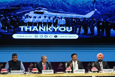 NEW DELHI  INDIA - JUNE 3  2024  Chief Election Commissioner Rajiv Kumar with Election Commissioners Dr. S.S. Sandhu  Gyanesh Kumar and others during a press conference on General Elections 2024  on June 3  2024 in New Delhi  India. A day before the  clipart