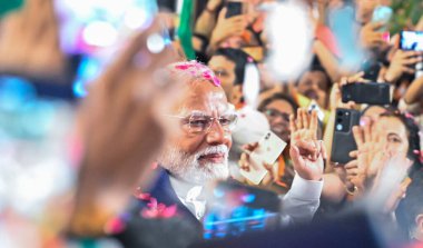 NEW DELHI  INDIA - JUNE 4  2024  Prime Minister Narendra Modi during celebration at BJP HQ as the party leads in the Lok Sabha elections amid the counting of votes   on June 4  2024 in New Delhi  India. The National Democratic Alliance is poised to r clipart