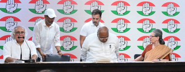 NEW DELHI  INDIA - JUNE 4  2024  Congress President Mallikarjun Kharge and former President Rahul Gandhi  Sonia Gandhi during the Special Congress Party press conference for Lok sabha election 2024 Results at AICC HQ on June 4  2024 in New Delhi  Ind clipart