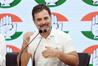 NEW DELHI  INDIA - JUNE 4  2024  Congress leaders Rahul Gandhi addresses a press conference at AICC headquarters   on June 4  2024 in New Delhi  India.  The BJP-led NDA coalition led in a majority of seats but faced a stronger challenge from the oppo clipart