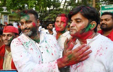 LUCKNOW  INDIA - JUNE 4  2024  Samajwadi party workers celebrate at SP office after India Alliance leads in Lok Sabha election 2024  on June 4  2024 in Lucknow  India. In Uttar Pradesh  Akhilesh Yadav Samajwadi Party has thrown up a big surprise as i clipart