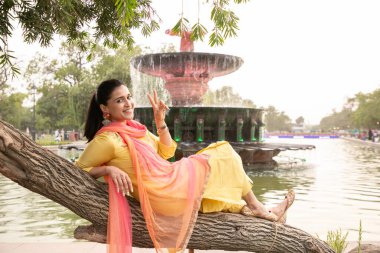 NEW DELHI  INDIA  JUNE 4  2024   Bollywood actor Mannara Chopra poses   on June 4  2024 in New Delhi  India. Actor Mannara Chopra revisits Delhis iconic landmarks with HT City and talks about the special connection that she has with her hometown. clipart