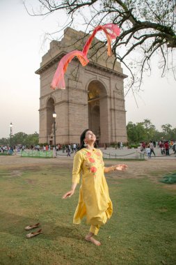 NEW DELHI  INDIA  JUNE 4  2024   Bollywood actor Mannara Chopra poses   on June 4  2024 in New Delhi  India. Actor Mannara Chopra revisits Delhis iconic landmarks with HT City and talks about the special connection that she has with her hometown. clipart