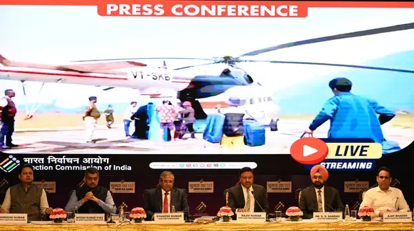 stock image NEW DELHI  INDIA - JUNE 3  2024  Chief Election Commissioner Rajiv Kumar with Election Commissioners Dr. S.S. Sandhu  Gyanesh Kumar and others during a press conference on General Elections 2024  on June 3  2024 in New Delhi  India. A day before the 