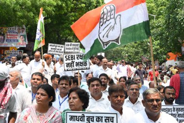 NEW DELHI INDIA AUGUST 22 2024 Congress party worker and supporters the Congress party on Thursday protested at Jantar Mantar on the issues of the demand for a JPC probe into the Hindenburg case the removal of the SEBI chief unemployment and corrupti clipart