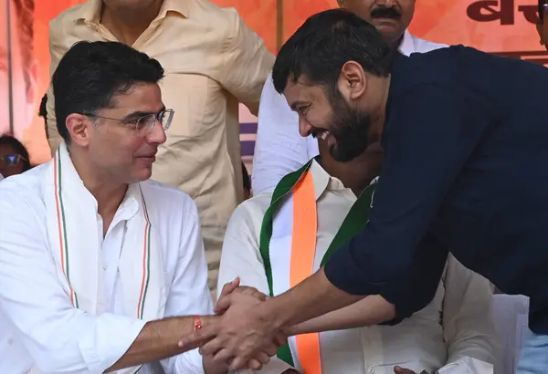 stock image NEW DELHI INDIA AUGUST 22 2024 Former Deputy CM Rajasthan & Gen. Secy. AICC Sachin Pilot Congress Leader Kanhaiya Kumar and congress party worker and supporters the Congress party on Thursday protested at Jantar Mantar on the issues of the demand for