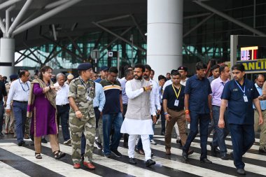 NEW DELHI INDIA JUNE 28 2024 Union Civil Aviation Minister Kinjarapu Ram Mohan Naidu inspects the site where a part of the roof at T1 Airport gets collapsed after heavy rainfall in the early hours of the morning resulting in death of one person and s clipart