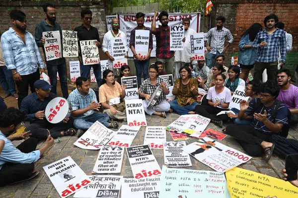 stock image NEW DELHI INDIA JUNE 27 2024 AISA members and activists Indefinite SitIn dharna by INDIA Against NTA at Jantar Mantar on June 27 2024 in New Delhi India Students protest against the alleged irregularities in the conduct of NEETUG the nationwide entra