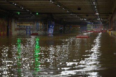 NEW DELHI INDIA JUNE 29 2024 Waterlogged at Pragati Maidan tunnel after yesterday Friday rainfall on June 29 2024 in New Delhi India The India Meteorological Department IMD predicts heavy to very heavy rainfall in Delhi over the next two days followi clipart