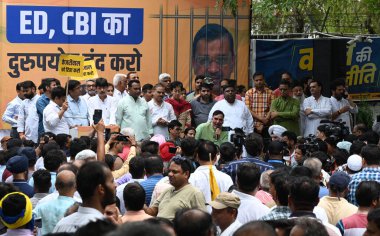 NEW DELHI INDIA JUNE 29 2024 AAP Supporters and activists during the gherao BJP headquarters against the illegitimate arrest of Aam Aadmi Party s national convenor and Chief Minister Arvind Kejriwal by ED CBI in connection with a money laundering cas clipart